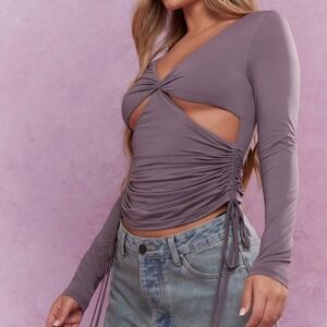 Missguided Jersey Plunge Neck Cut-Out Waist Side Ruched Long Sleeves Top